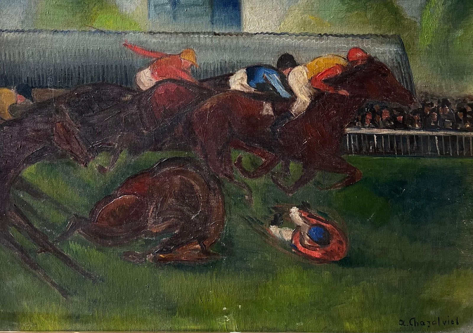 Antique French1930's French Expressionist Horse Racing Scene Jockeys At Full Pace Signed Oil