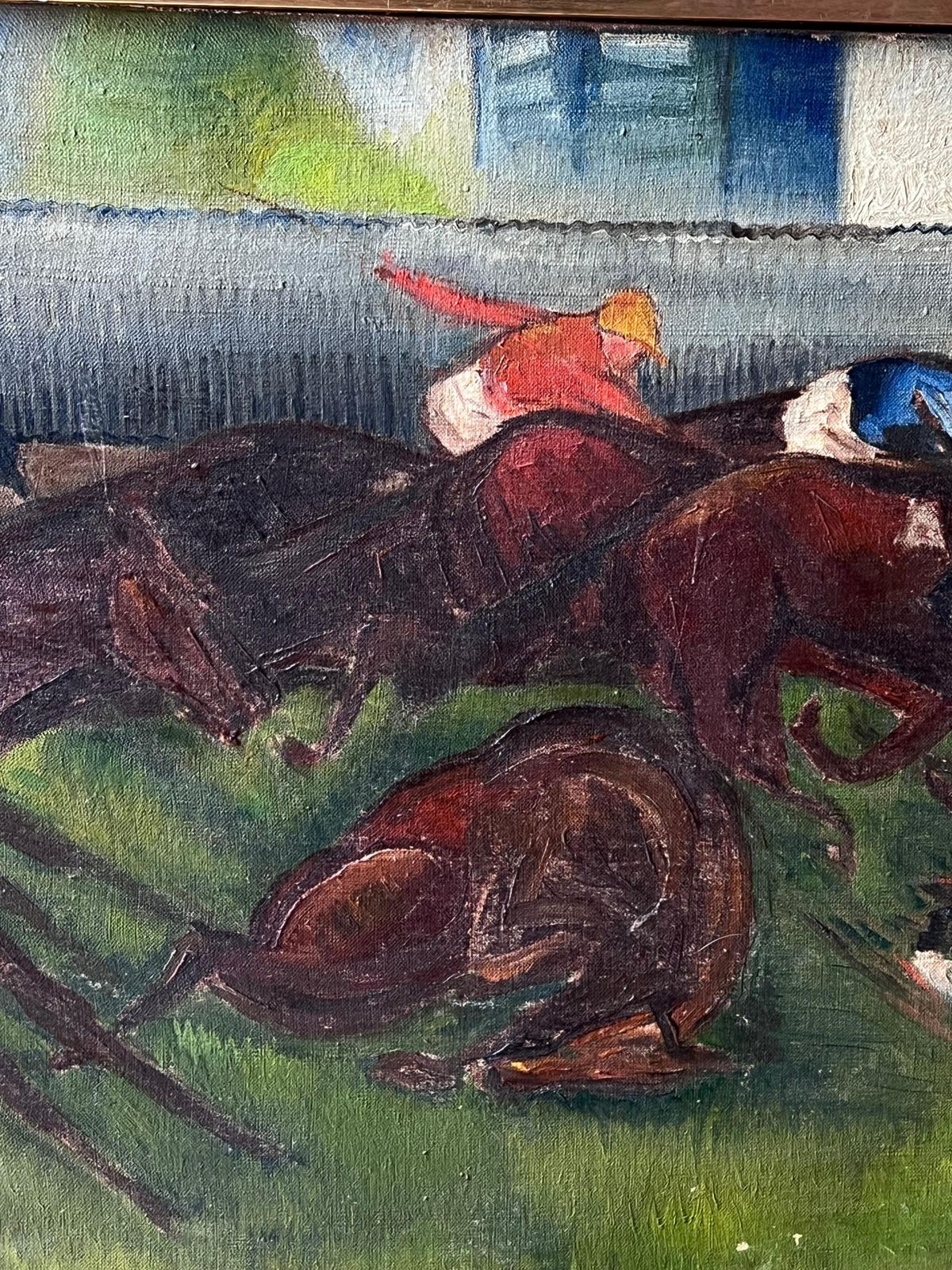 Antique French1930's French Expressionist Horse Racing Scene Jockeys At Full Pace Signed Oil photo vinterior