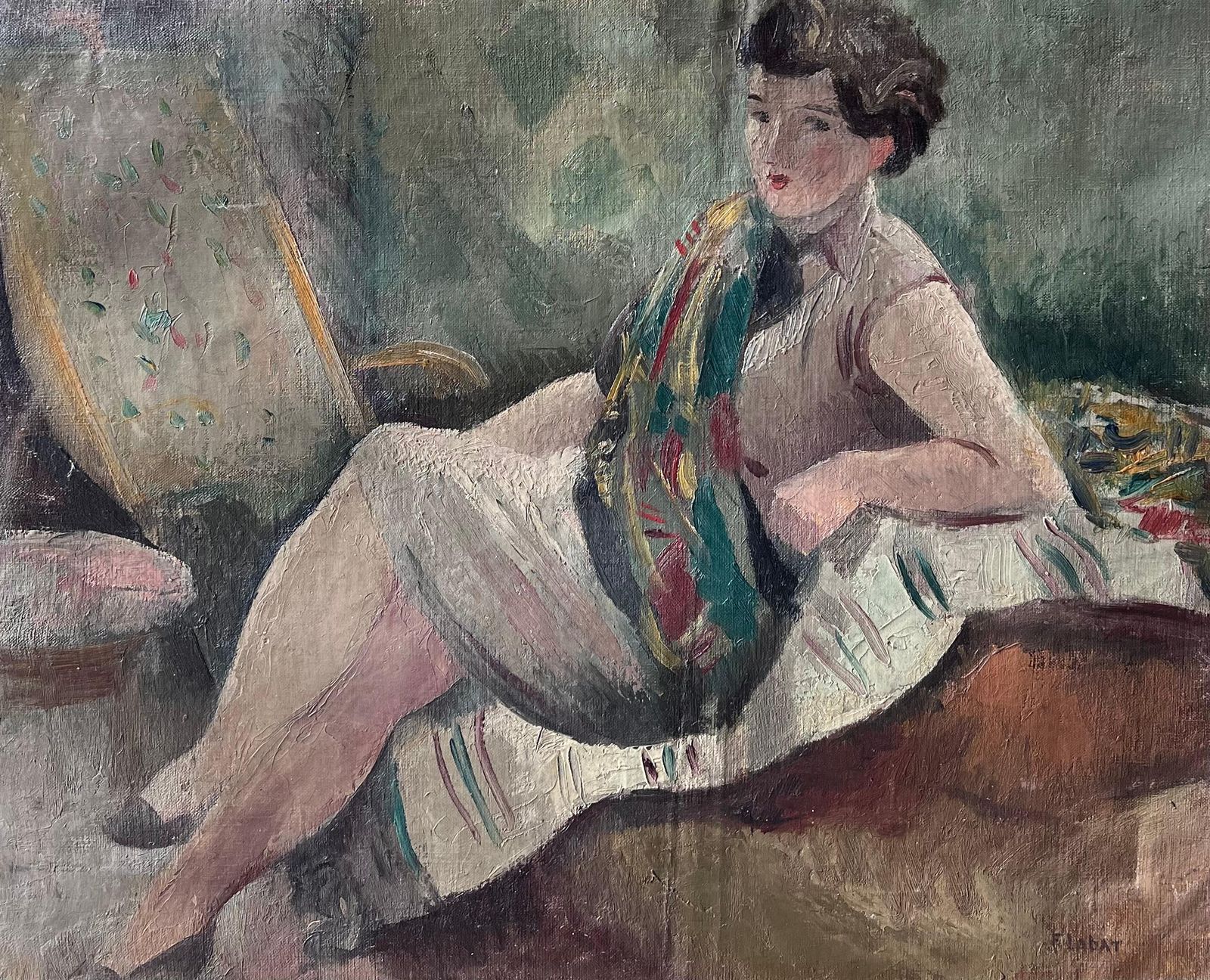 Antique French1930's French Post Impressionist Signed Portrait Lady Artists Studio Interior