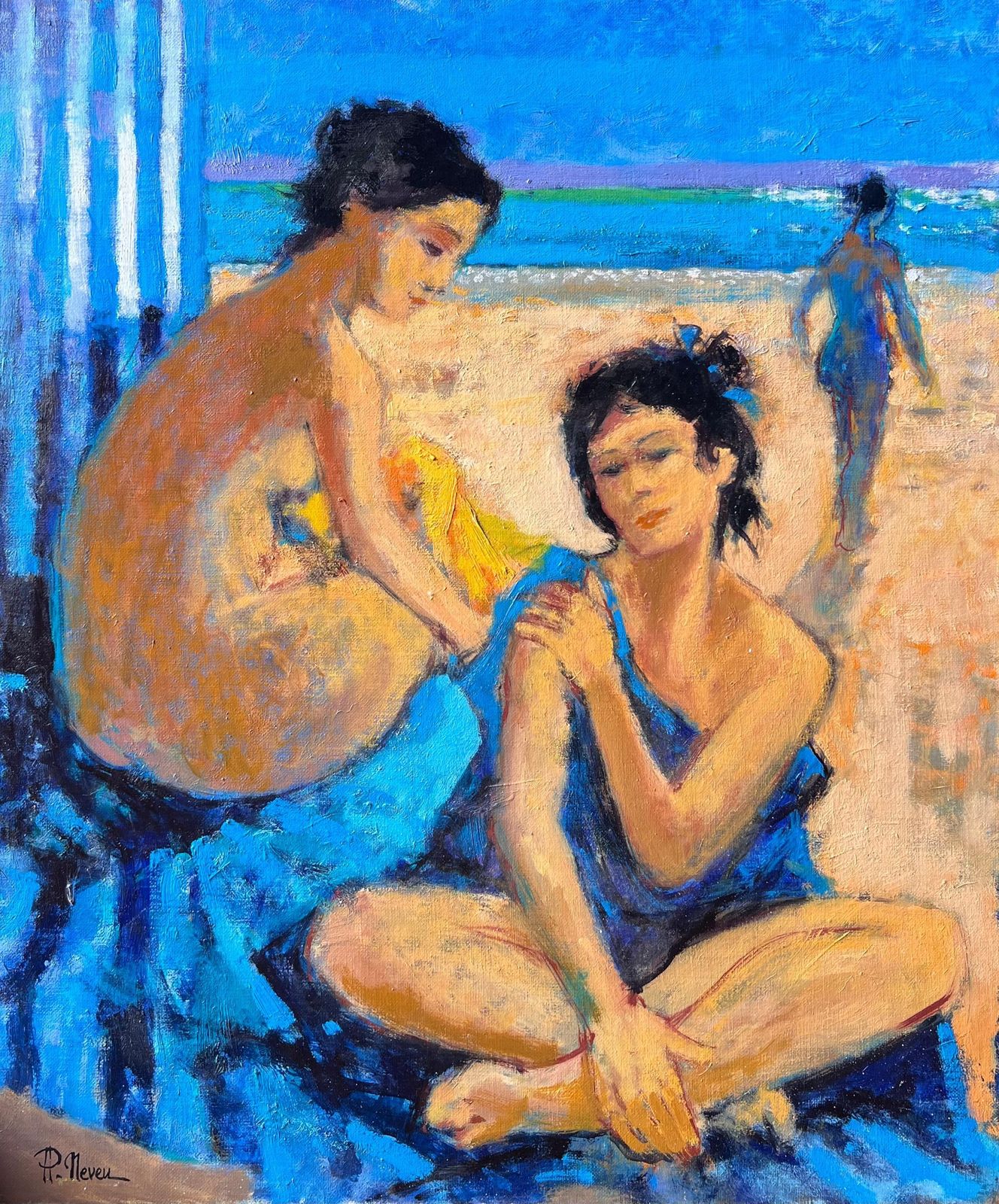 Pierre Neveucontemporary French Oil Painting Ladies On The Beach Modernist Work