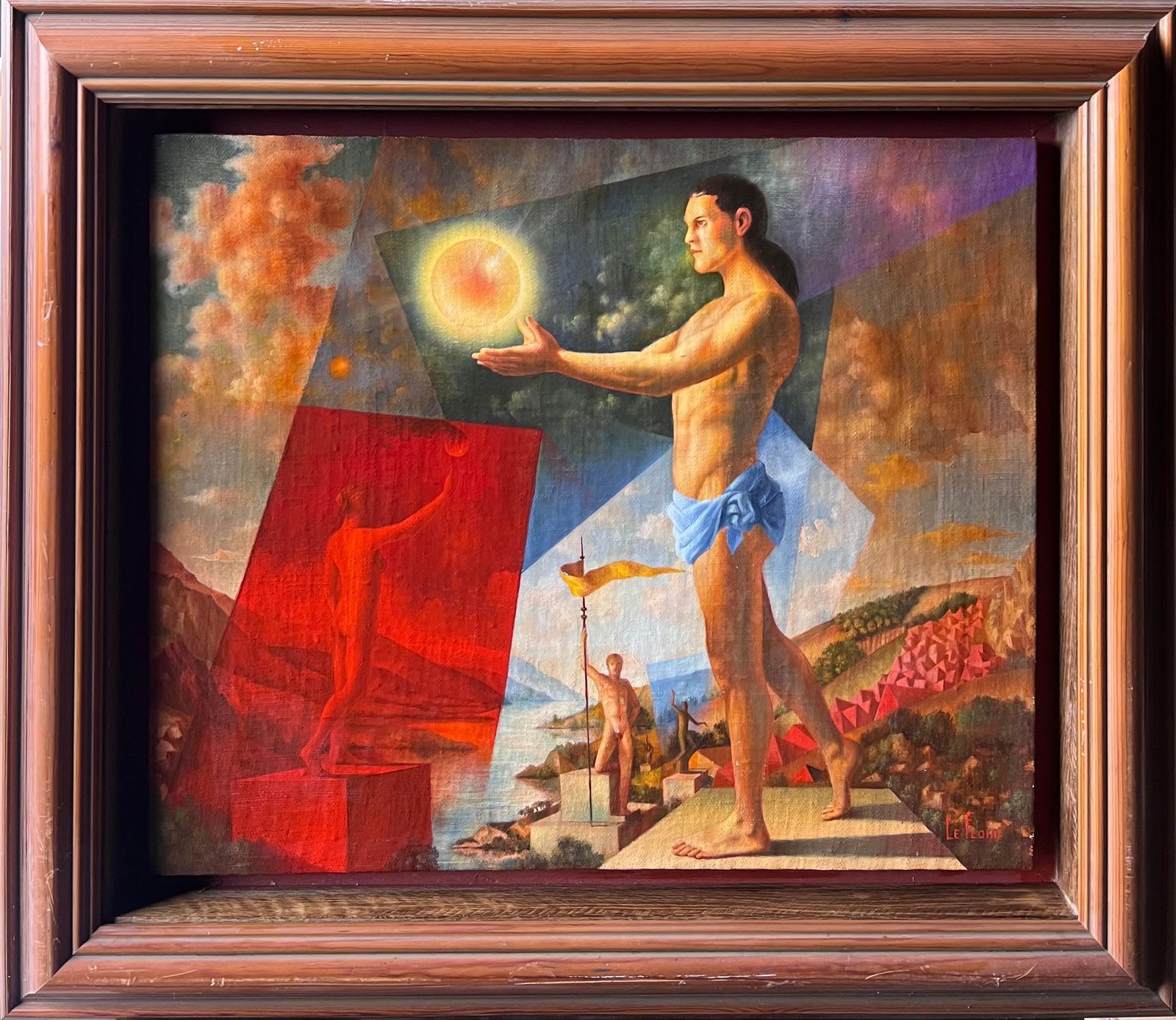 Frenchfrench Modernist Surrealist Signed Oil Painting Semi Nude Muscular Male Athelete photo furniture