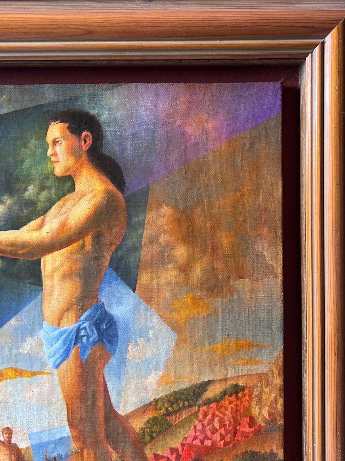 Frenchfrench Modernist Surrealist Signed Oil Painting Semi Nude Muscular Male Athelete photo for sale