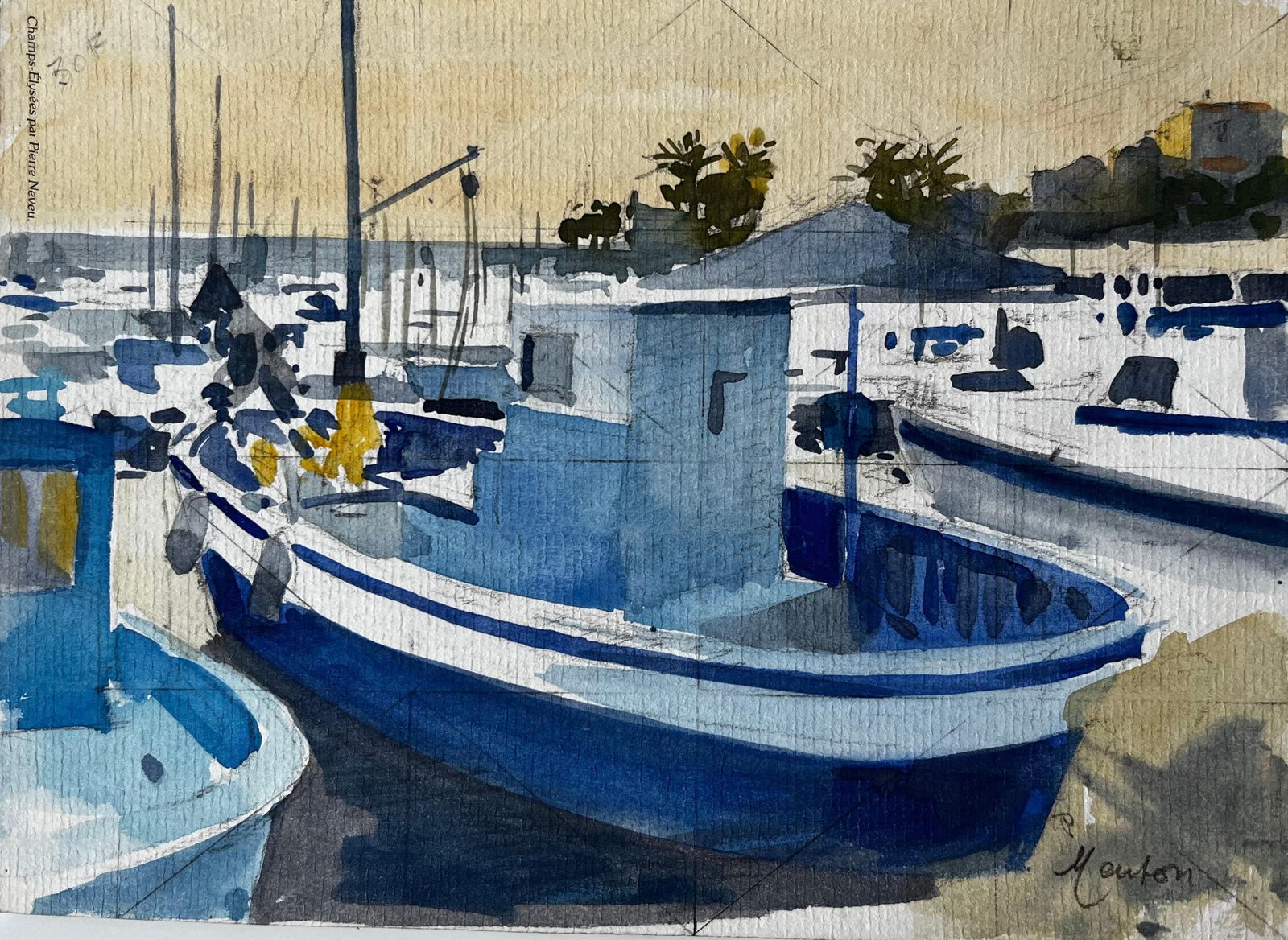 Pierre Neveumenton Harbour Scene With Blue Fishing Boats Under Morning Light Watercolour