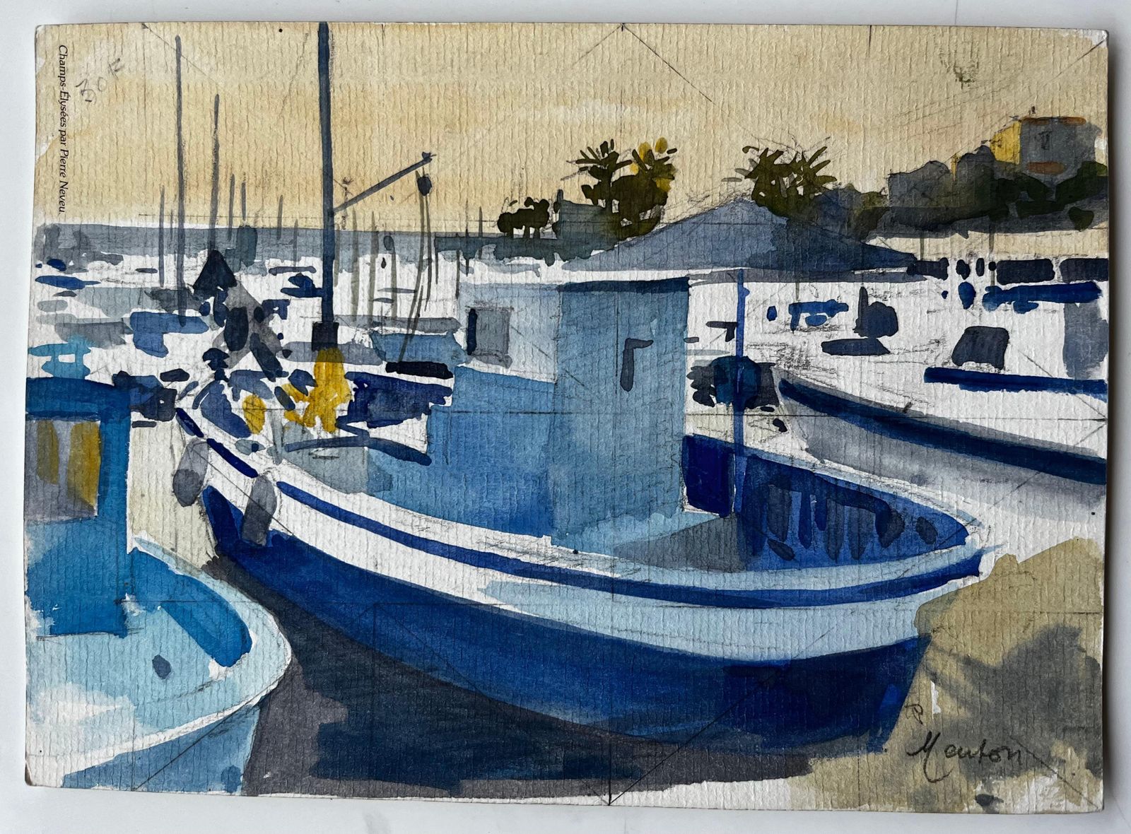 Pierre Neveumenton Harbour Scene With Blue Fishing Boats Under Morning Light Watercolour photo furniture