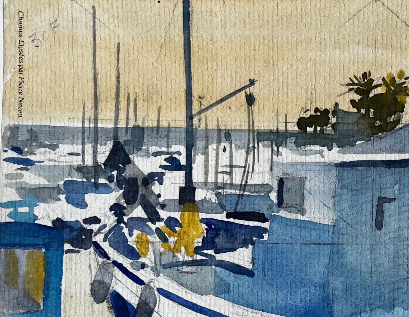 Pierre Neveumenton Harbour Scene With Blue Fishing Boats Under Morning Light Watercolour photo for sale