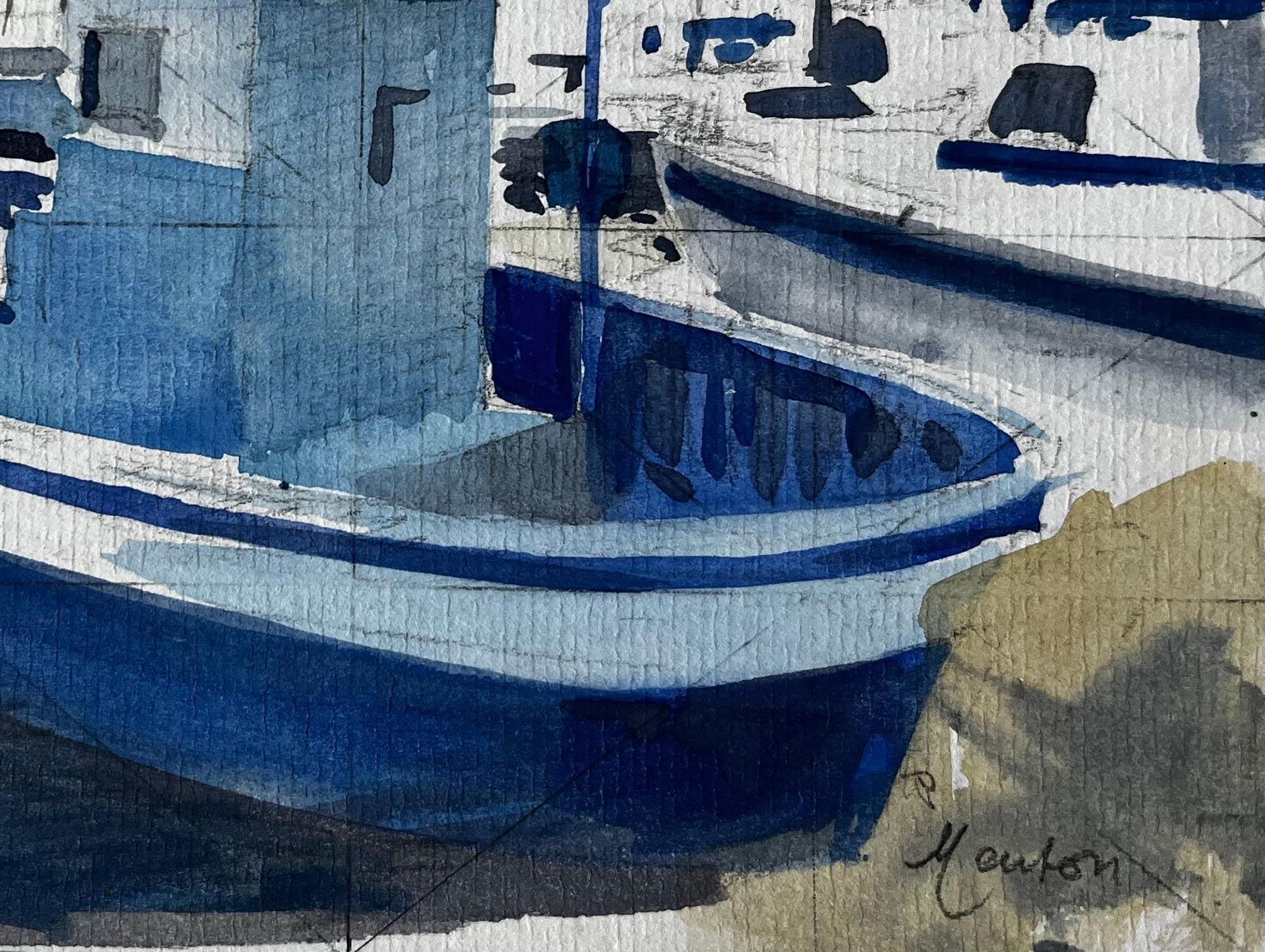 Pierre Neveumenton Harbour Scene With Blue Fishing Boats Under Morning Light Watercolour photo 525.0