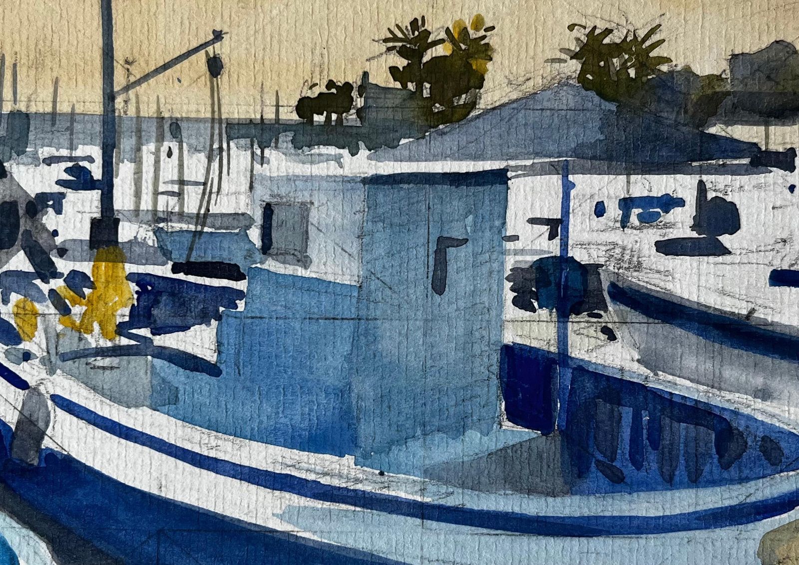 Pierre Neveumenton Harbour Scene With Blue Fishing Boats Under Morning Light Watercolour photo buy