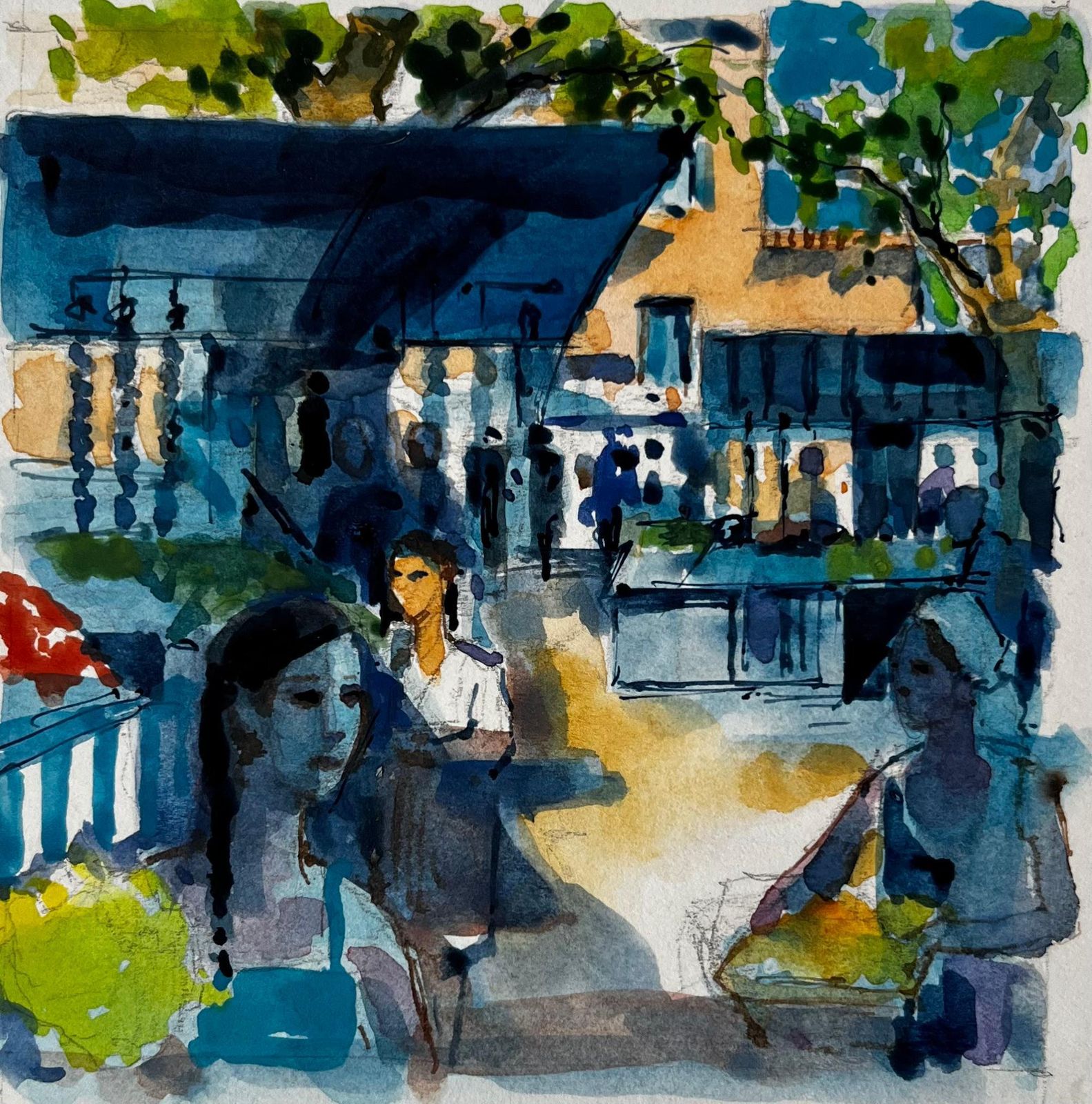 Pierre Neveufrench Market Scene With Figures By Pierre Neveu Mediterranean Watercolour