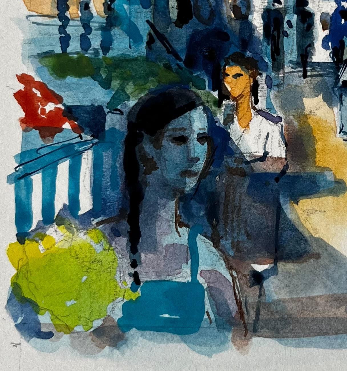 Pierre Neveufrench Market Scene With Figures By Pierre Neveu Mediterranean Watercolour photo for sale