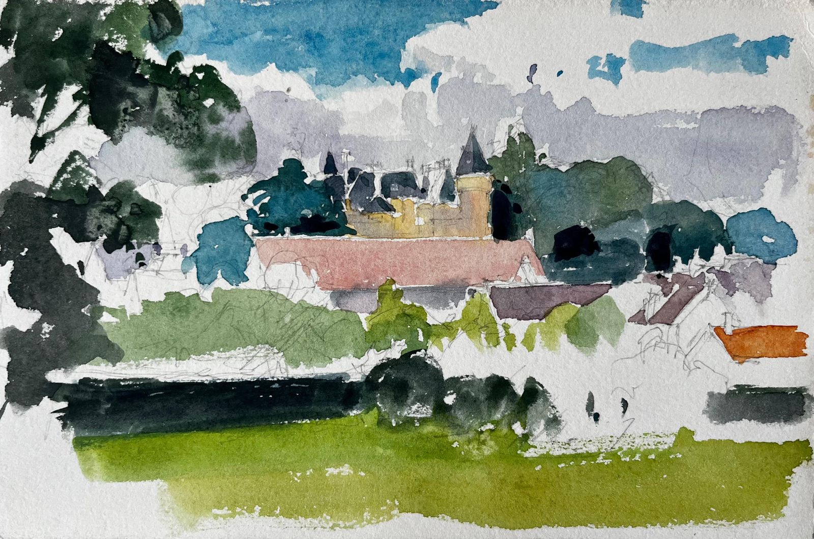 Pierre Neveufrench Château Landscape Study With Trees And Red Roofs Countryside Watercolour