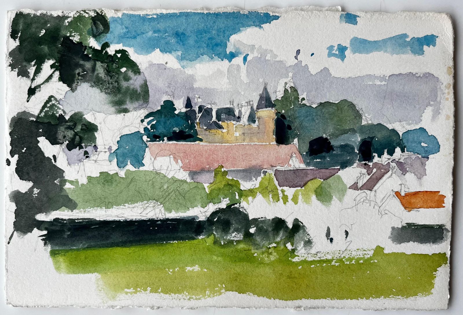 Pierre Neveufrench Château Landscape Study With Trees And Red Roofs Countryside Watercolour photo furniture