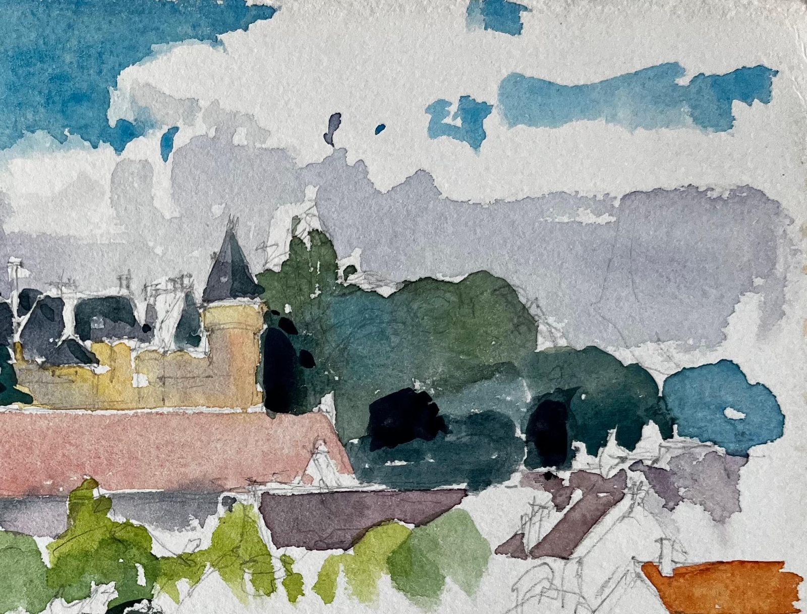 Pierre Neveufrench Château Landscape Study With Trees And Red Roofs Countryside Watercolour photo for sale