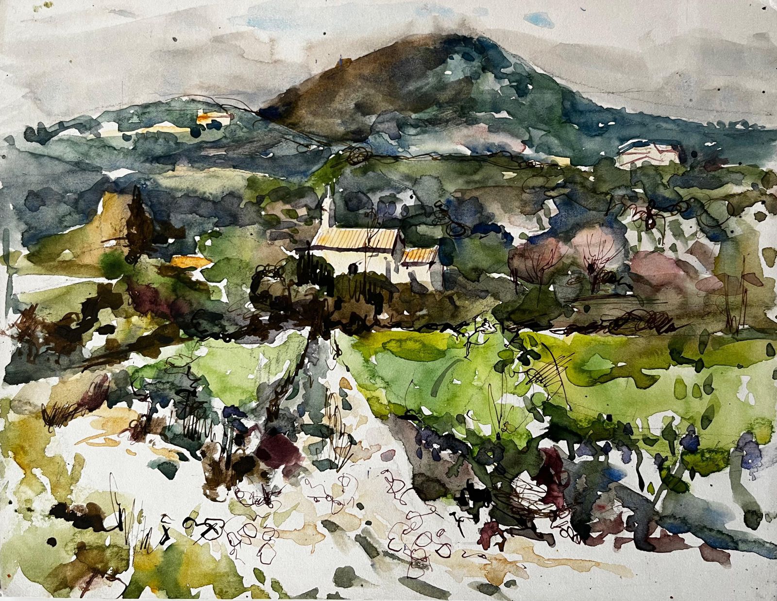 Pierre Neveufrench Countryside Watercolour Landscape With Distant Hill And Farmhouse