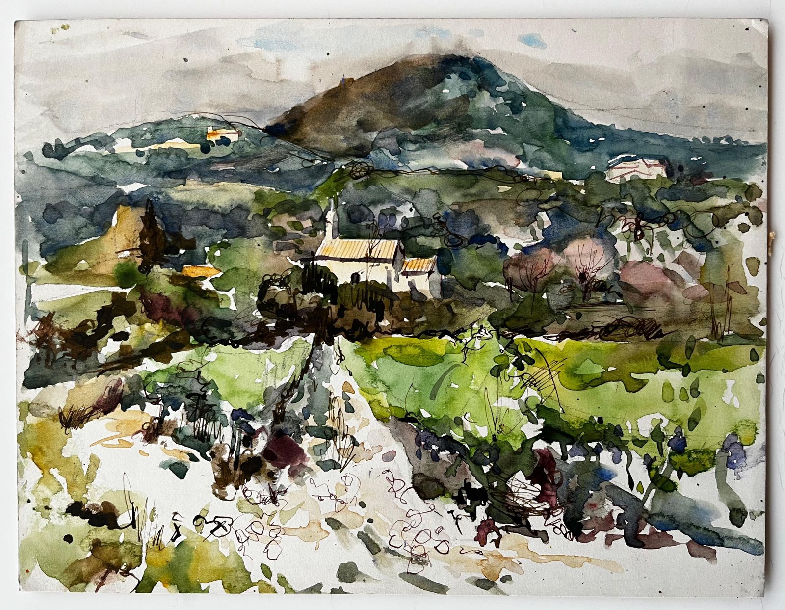 Pierre Neveufrench Countryside Watercolour Landscape With Distant Hill And Farmhouse photo furniture