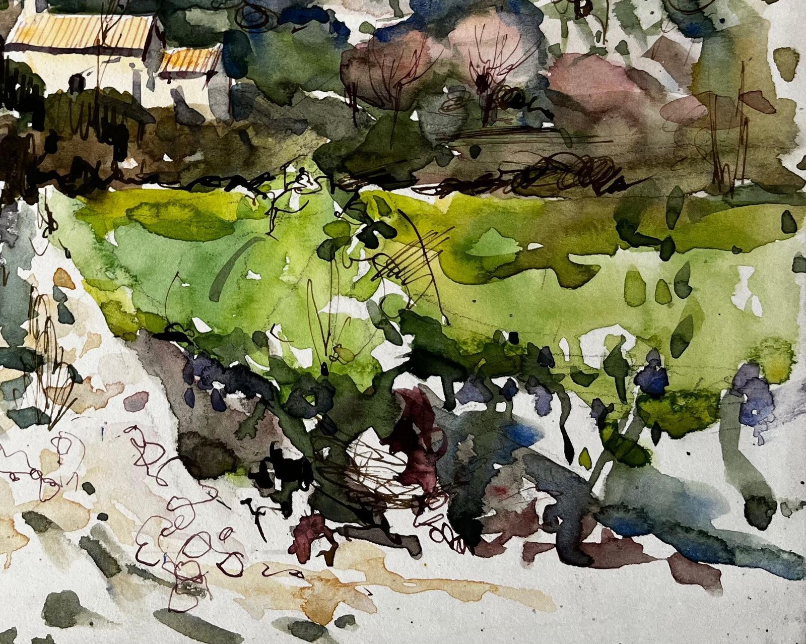 Pierre Neveufrench Countryside Watercolour Landscape With Distant Hill And Farmhouse photo Art