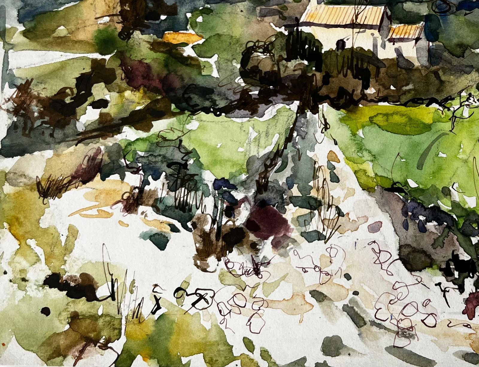 Pierre Neveufrench Countryside Watercolour Landscape With Distant Hill And Farmhouse photo vinterior