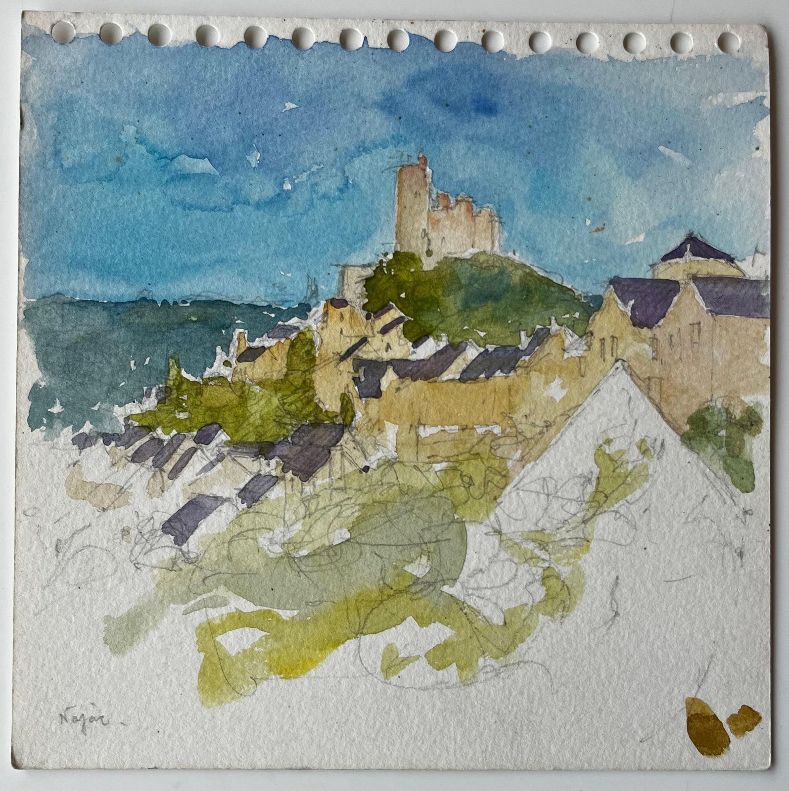 Pierre Neveunajac Village And Castle French Hilltop Landscape Watercolour Painting photo furniture