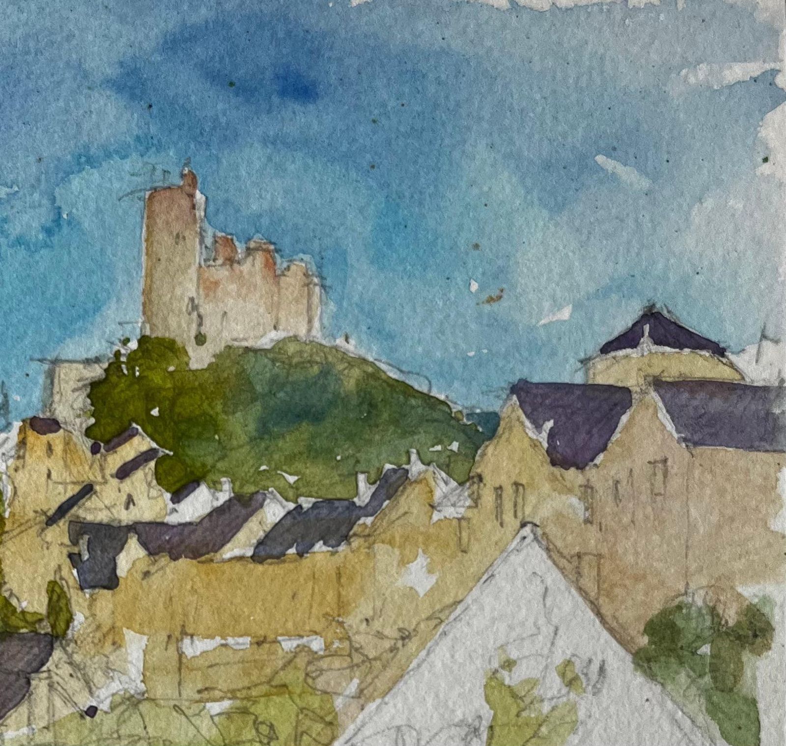 Pierre Neveunajac Village And Castle French Hilltop Landscape Watercolour Painting photo for sale