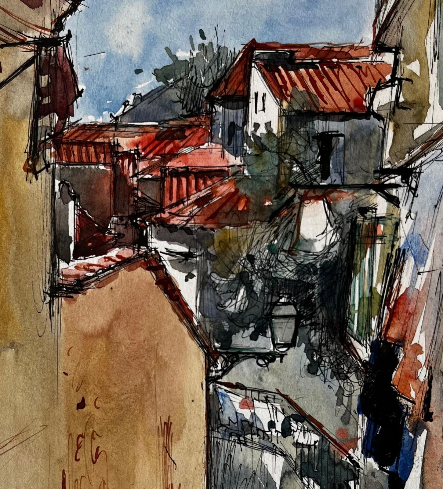 Pierre Neveusunlit Mediterranean Alleyway With Red Roofs Watercolour By Pierre Neveu photo buy