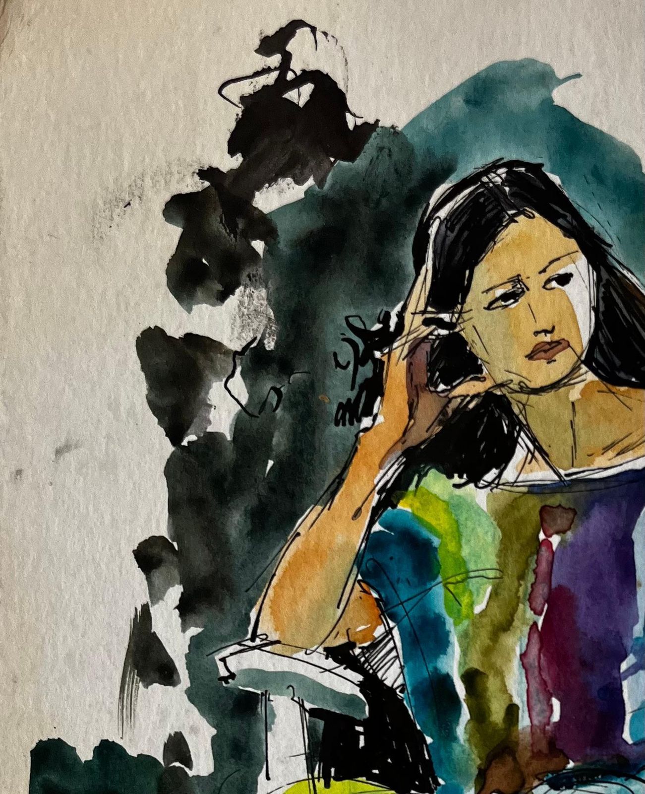 Pierre Neveuseated Woman In Colourful Dress By Pierre Neveu French Figurative Study photo for sale