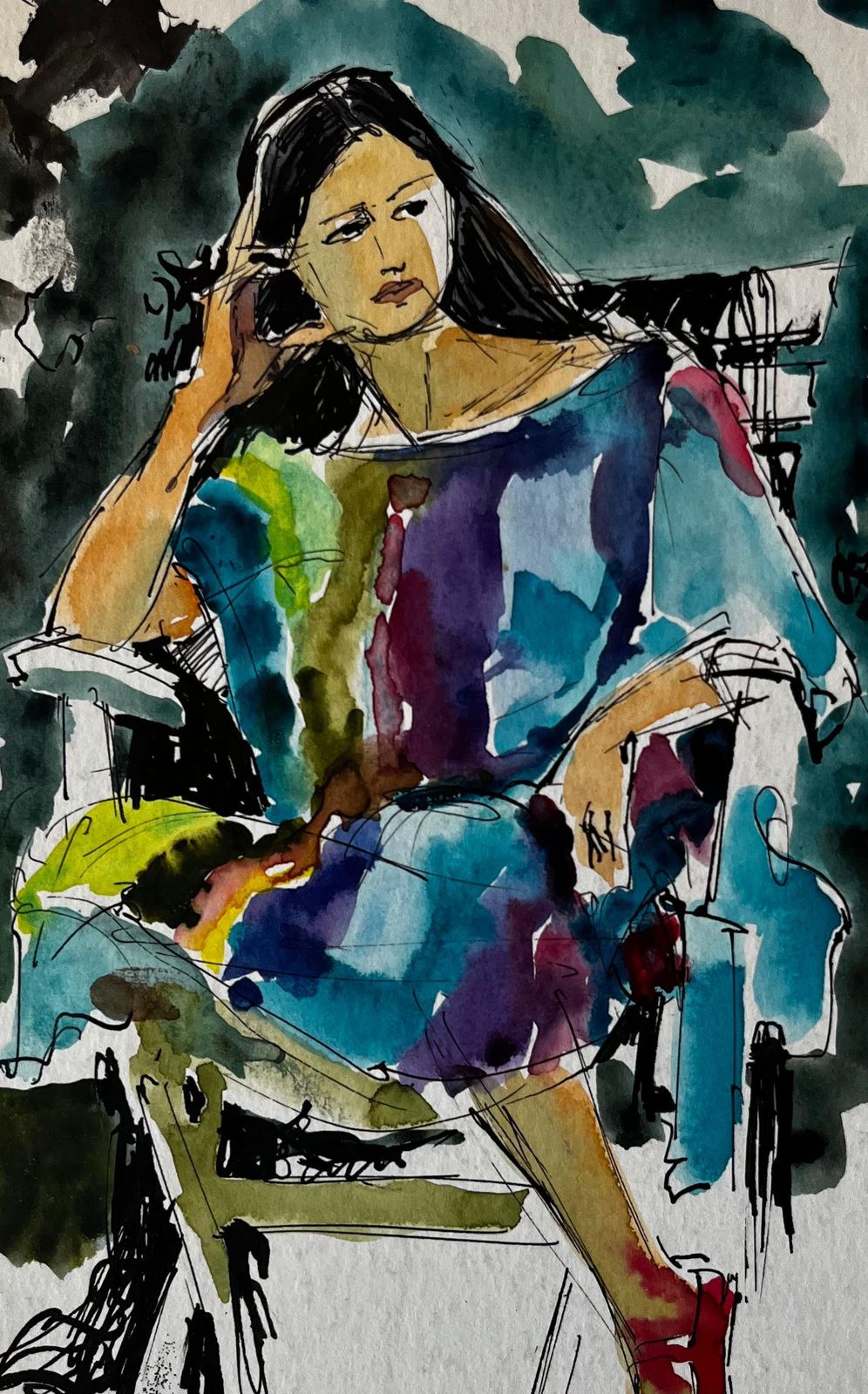 Pierre Neveuseated Woman In Colourful Dress By Pierre Neveu French Figurative Study photo buy