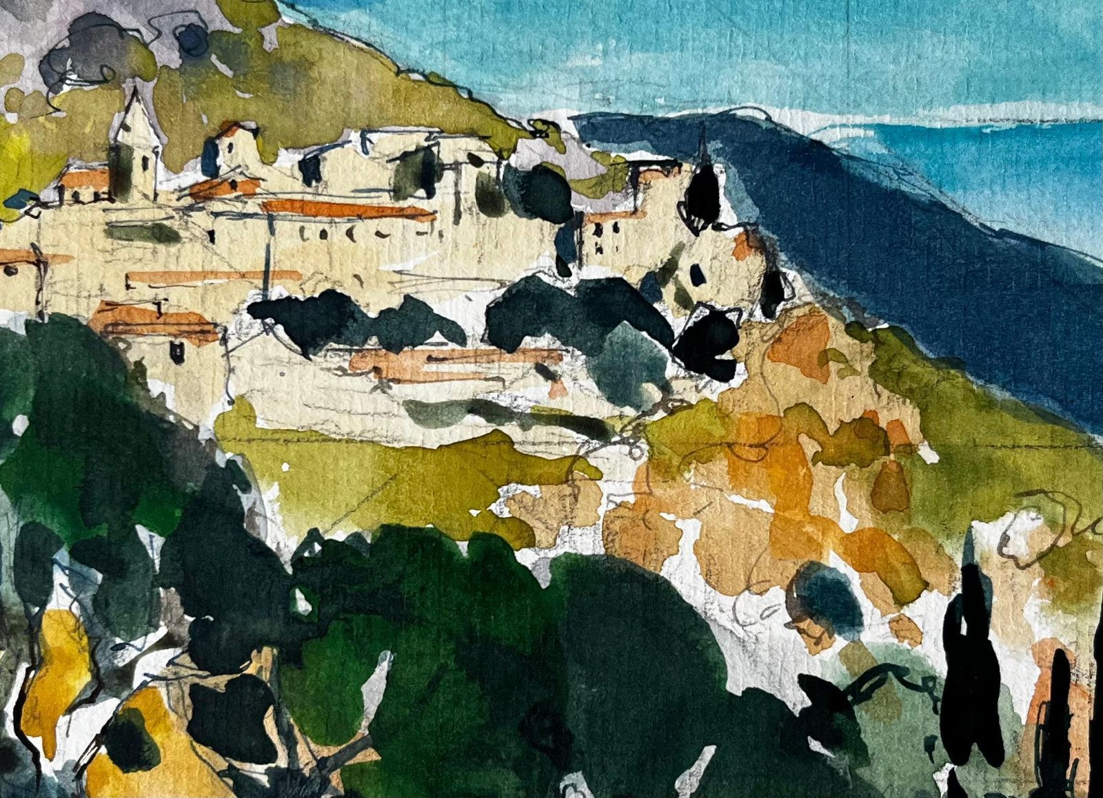Pierre Neveugorbio Hilltop Village With Cypress Trees And Mediterranean Light Watercolour photo buy