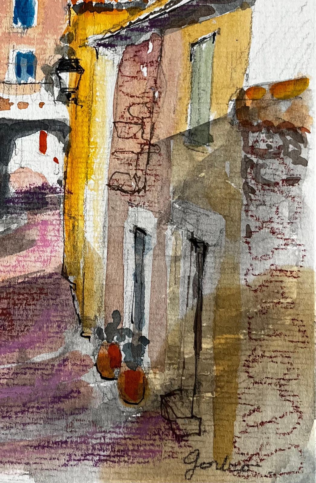 Pierre Neveusunlit Street In Gordes With Terracotta Roofs And Distant Hills Watercolour photo 560.0