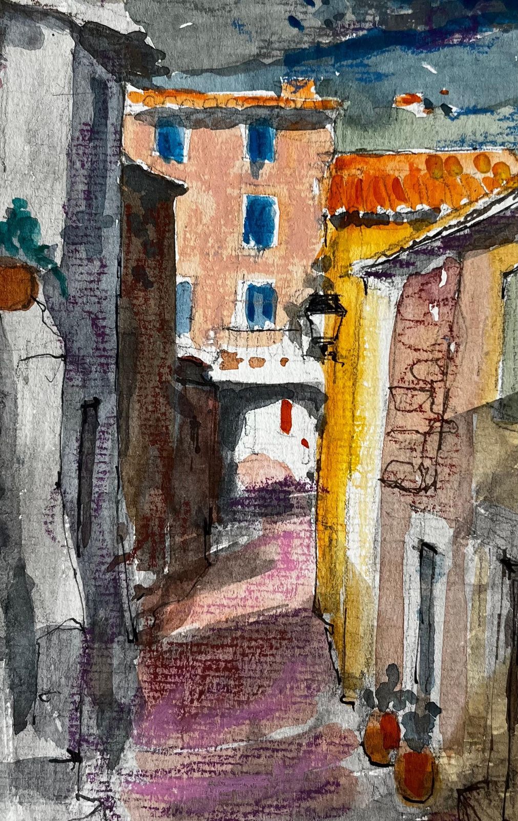 Pierre Neveusunlit Street In Gordes With Terracotta Roofs And Distant Hills Watercolour photo buy