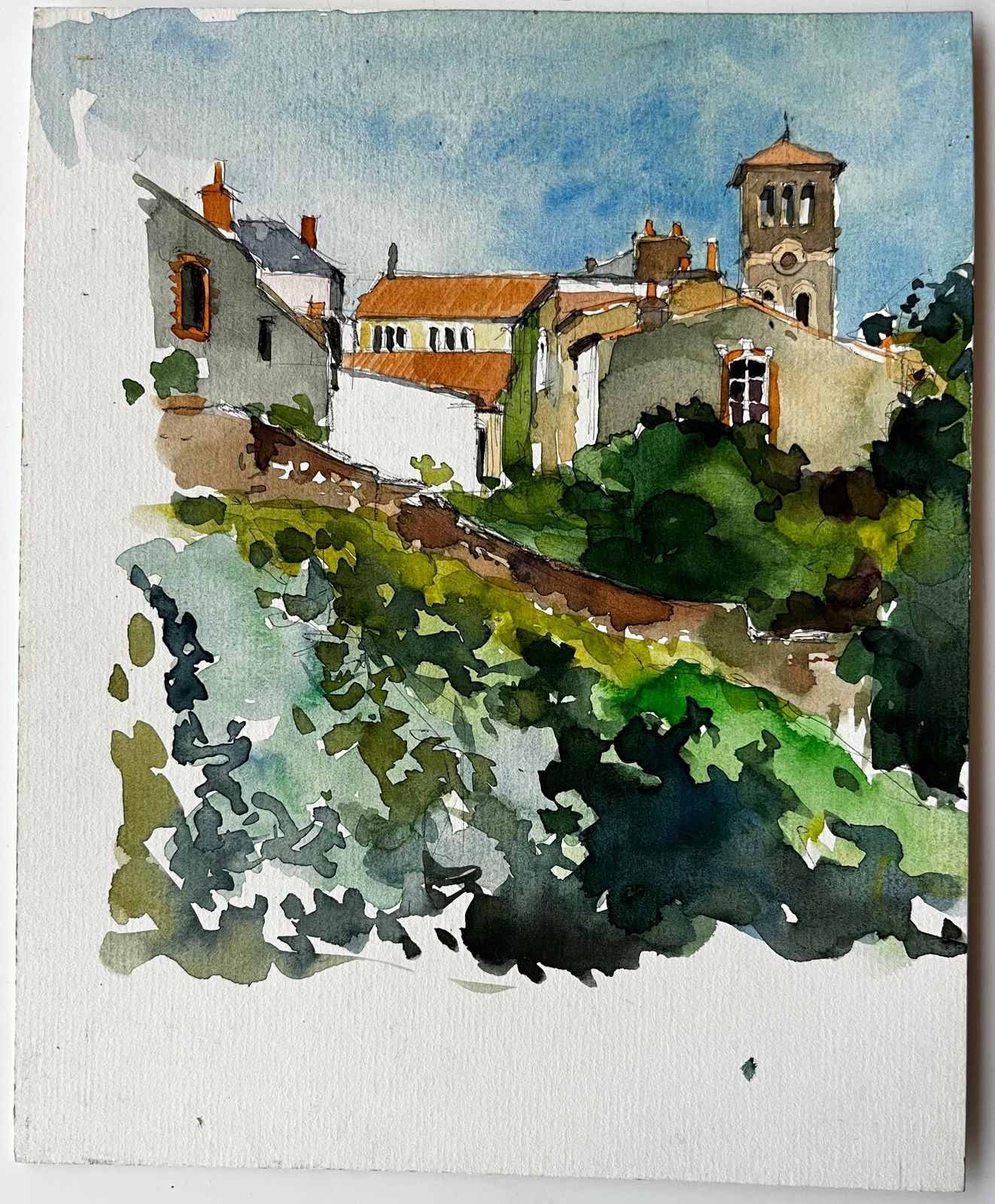 Pierre Neveufrench Hilltop Village And Church By Pierre Neveu Signed Watercolour Landscape photo furniture