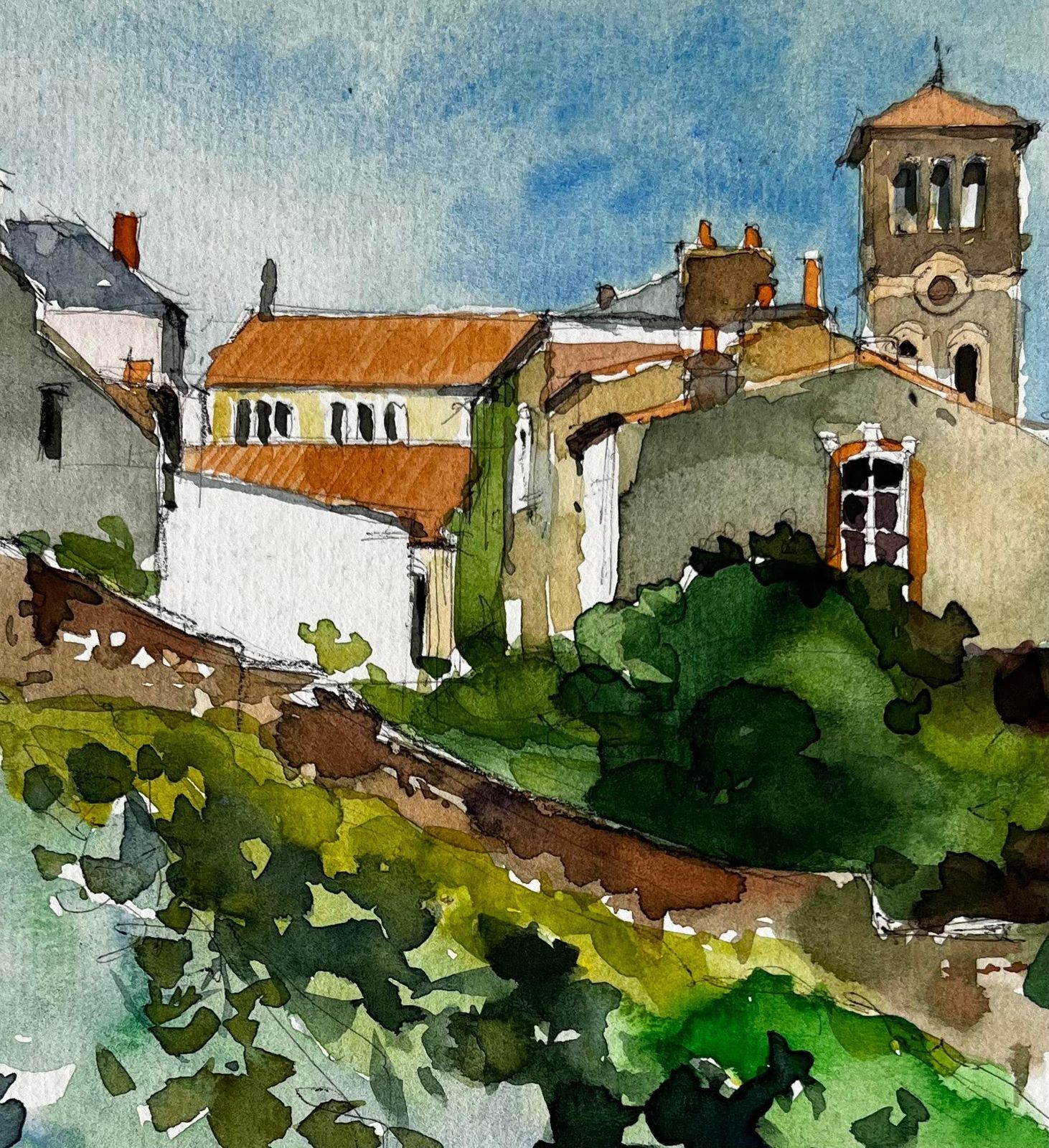 Pierre Neveufrench Hilltop Village And Church By Pierre Neveu Signed Watercolour Landscape photo buy