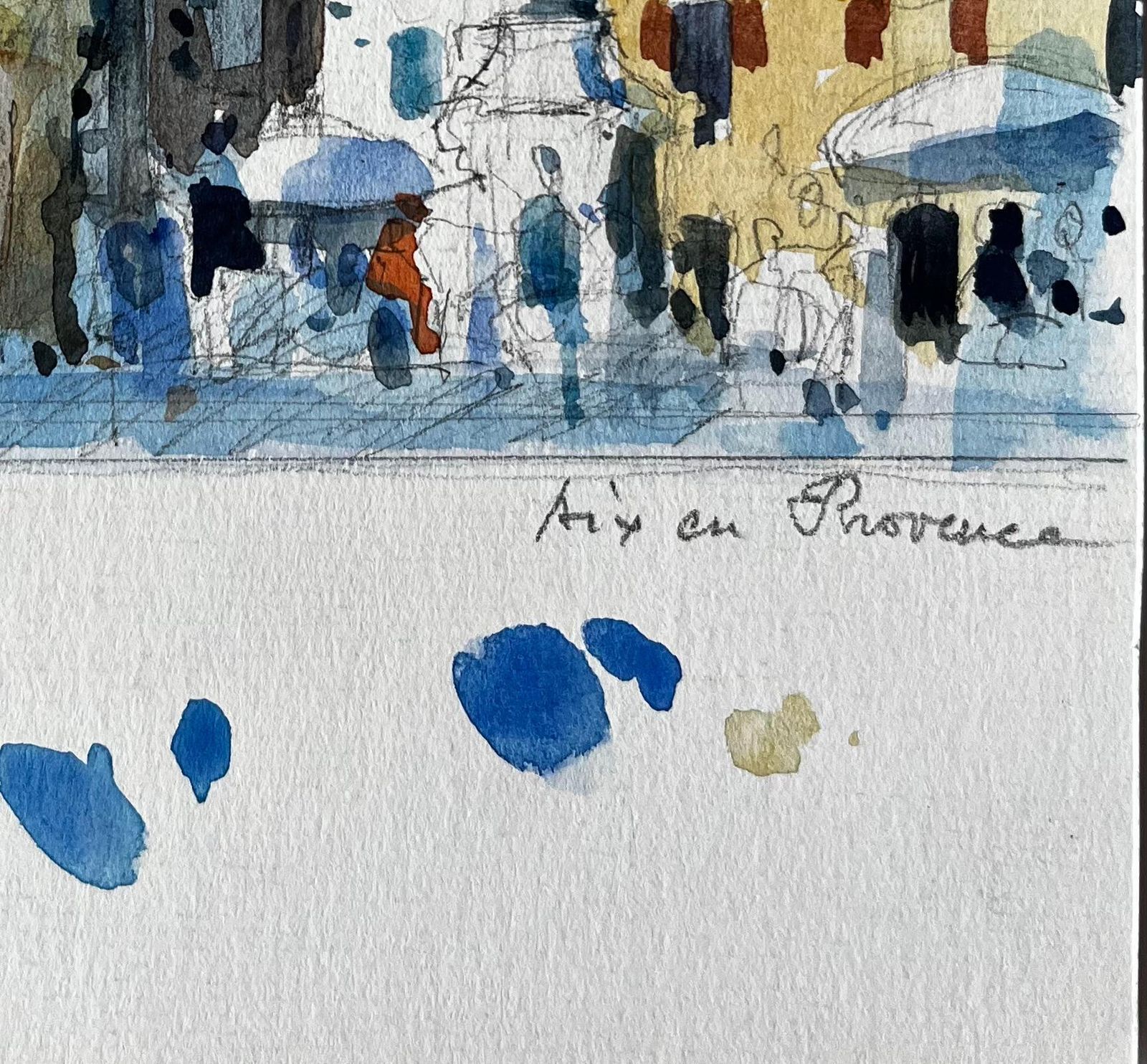 Pierre Neveuaix En Provence Town Square With Clock Tower And Market Umbrellas Watercolour photo vintage