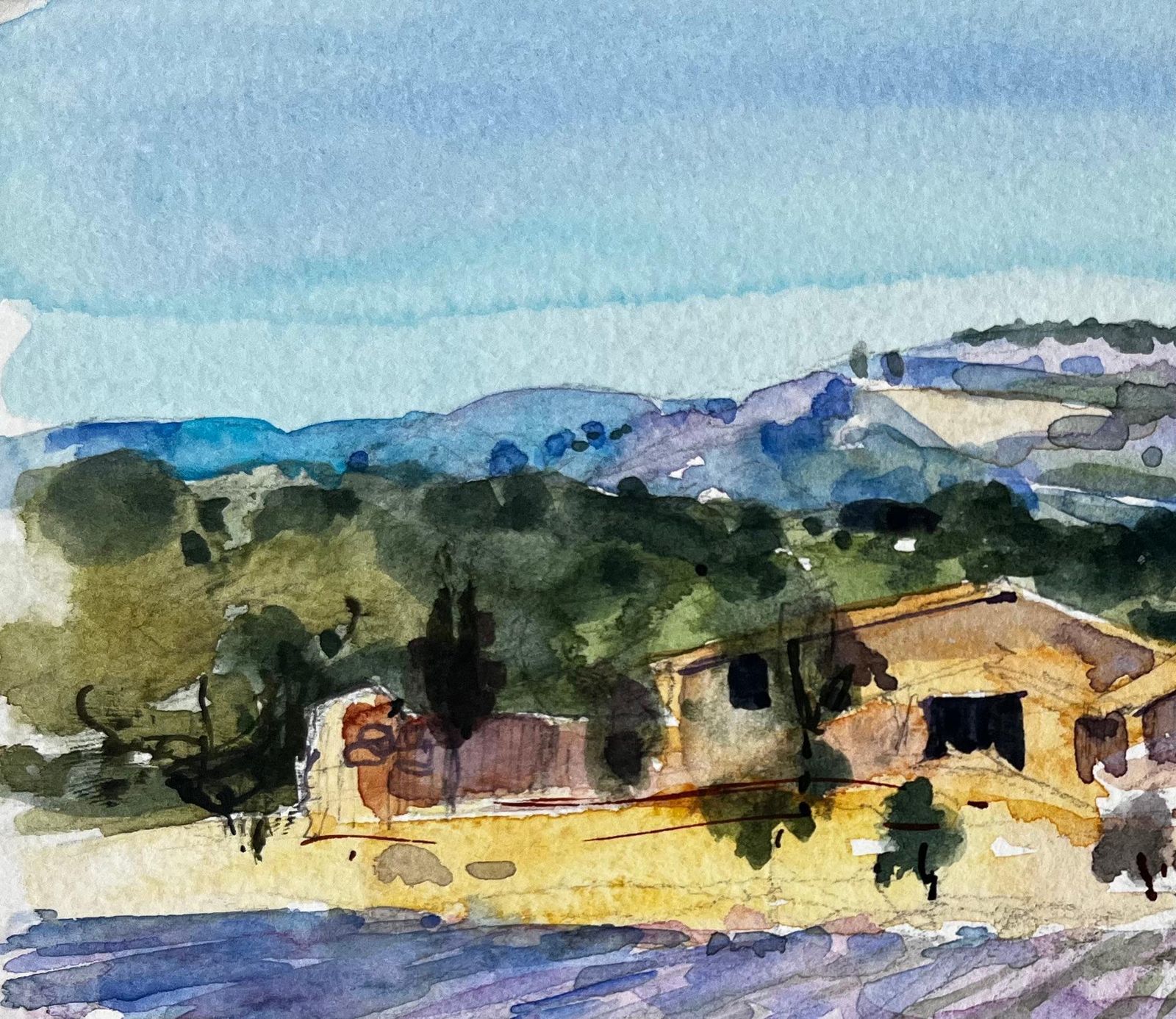 Pierre Neveuprovence Lavender Fields With Stone Farmhouse And Hills French Watercolour photo vinterior
