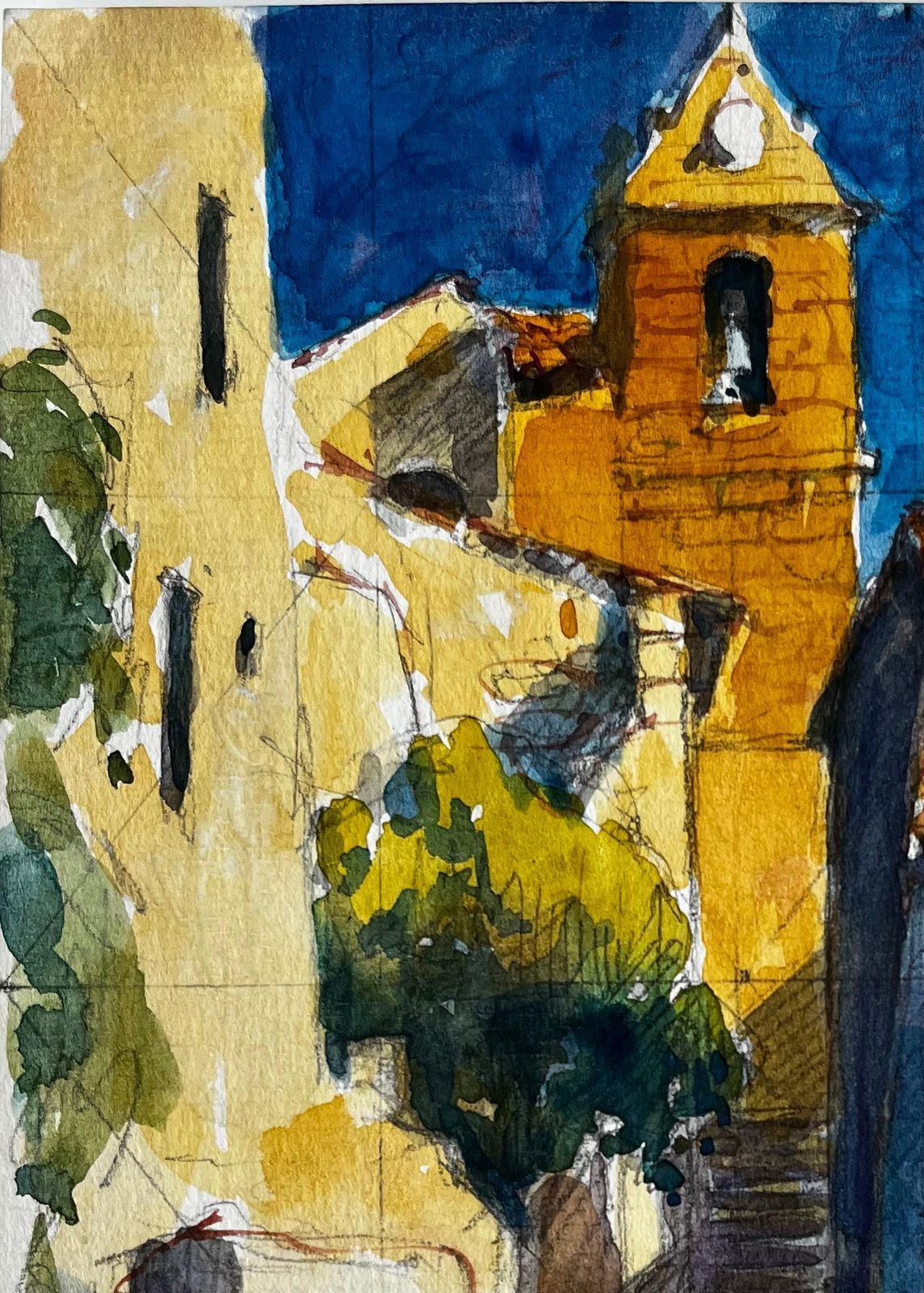 Pierre Neveusaint Marthe De Castillon Village Street With Bell Tower French Watercolour photo for sale