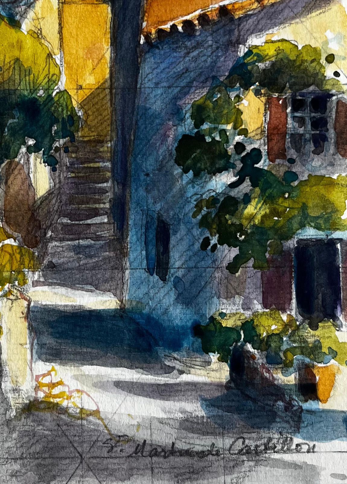 Pierre Neveusaint Marthe De Castillon Village Street With Bell Tower French Watercolour photo 514.0