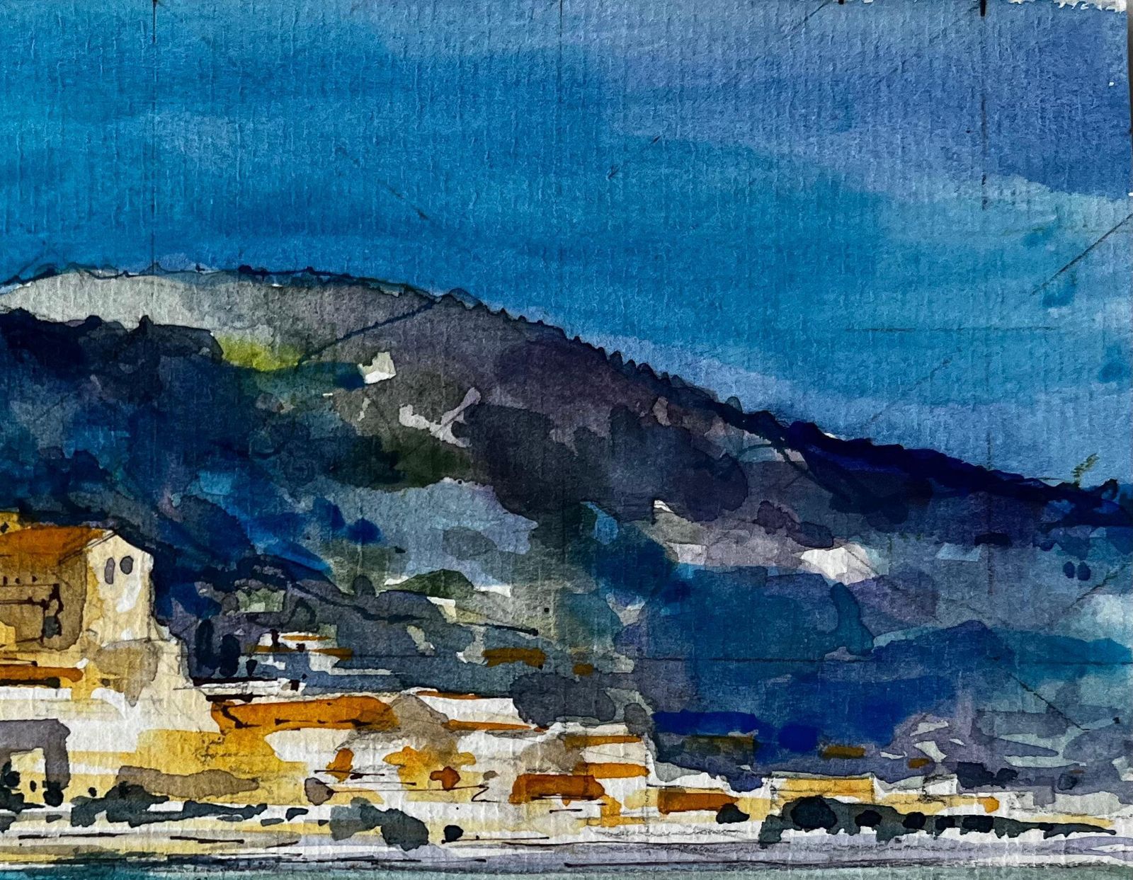 Pierre Neveumenton Coastal Townscape With Church Tower And Mediterranean Sea Watercolour photo Art