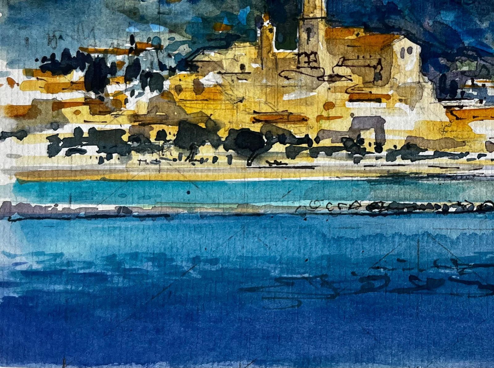 Pierre Neveumenton Coastal Townscape With Church Tower And Mediterranean Sea Watercolour photo 534.0