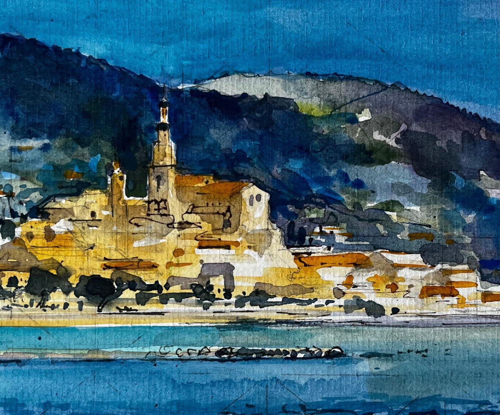 Pierre Neveumenton Coastal Townscape With Church Tower And Mediterranean Sea Watercolour photo buy