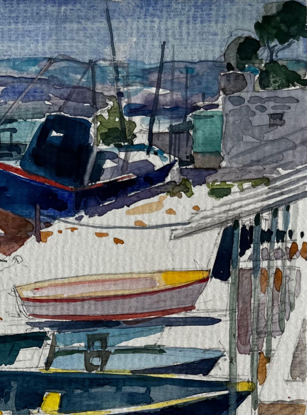 Pierre Neveubeached Fishing Boats On Mediterranean Shore Coastal Watercolour By Pierre Neveu photo for sale