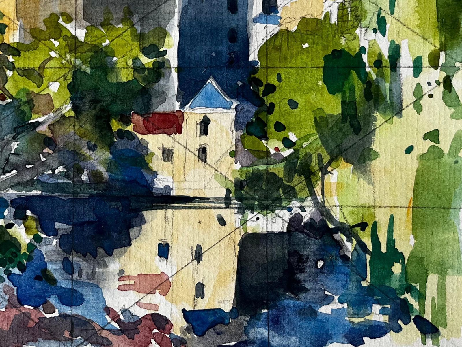 Pierre Neveuclisson Riverside Townscape With Castle And Reflections French Watercolour Paint photo 505.0