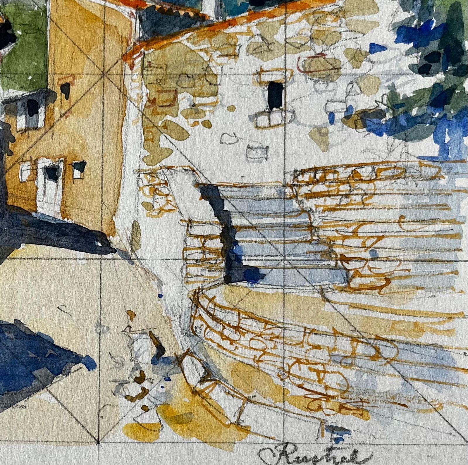 Pierre Neveurustrel Village Street With Stone Steps And Colourful Houses French Watercolour photo Art
