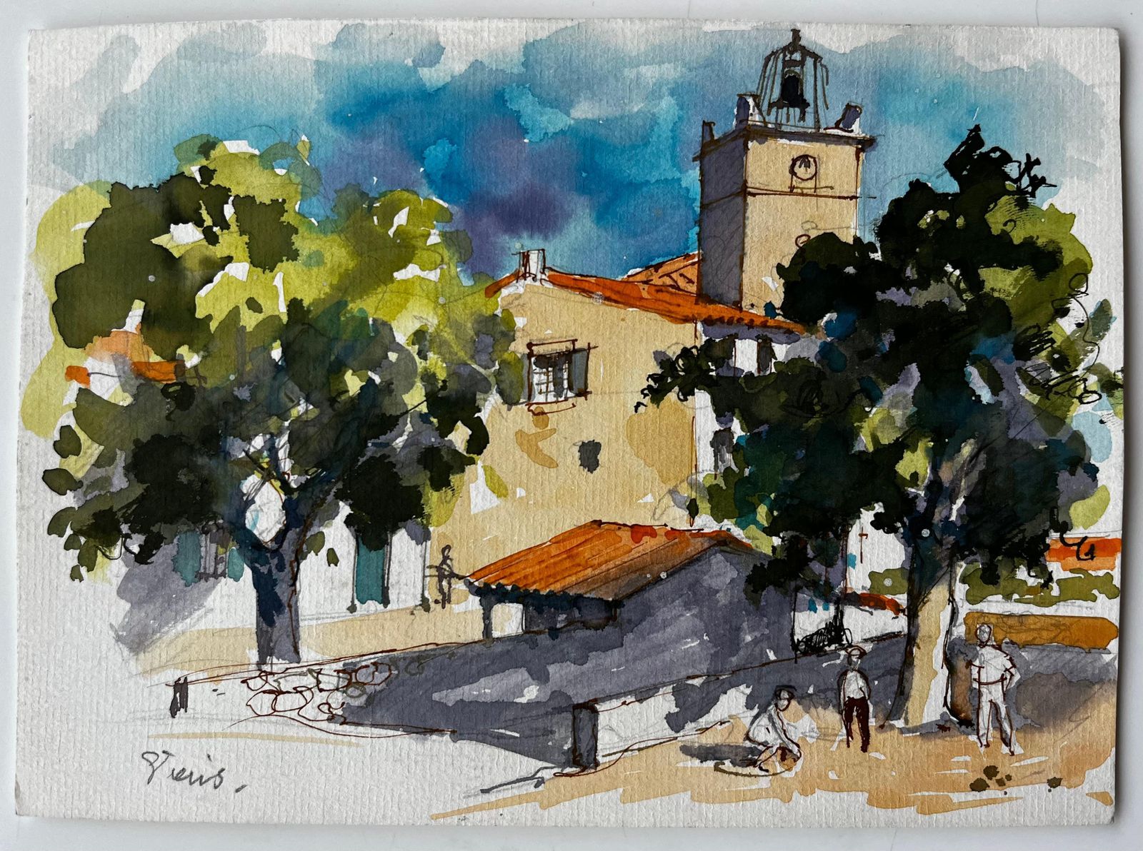Pierre Neveuprovence Village Square With Bell Tower And Figures French Watercolour Painting photo furniture