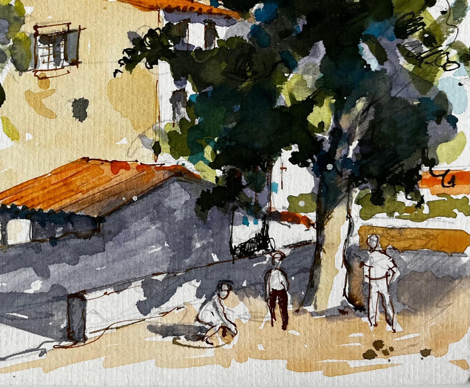 Pierre Neveuprovence Village Square With Bell Tower And Figures French Watercolour Painting photo Art