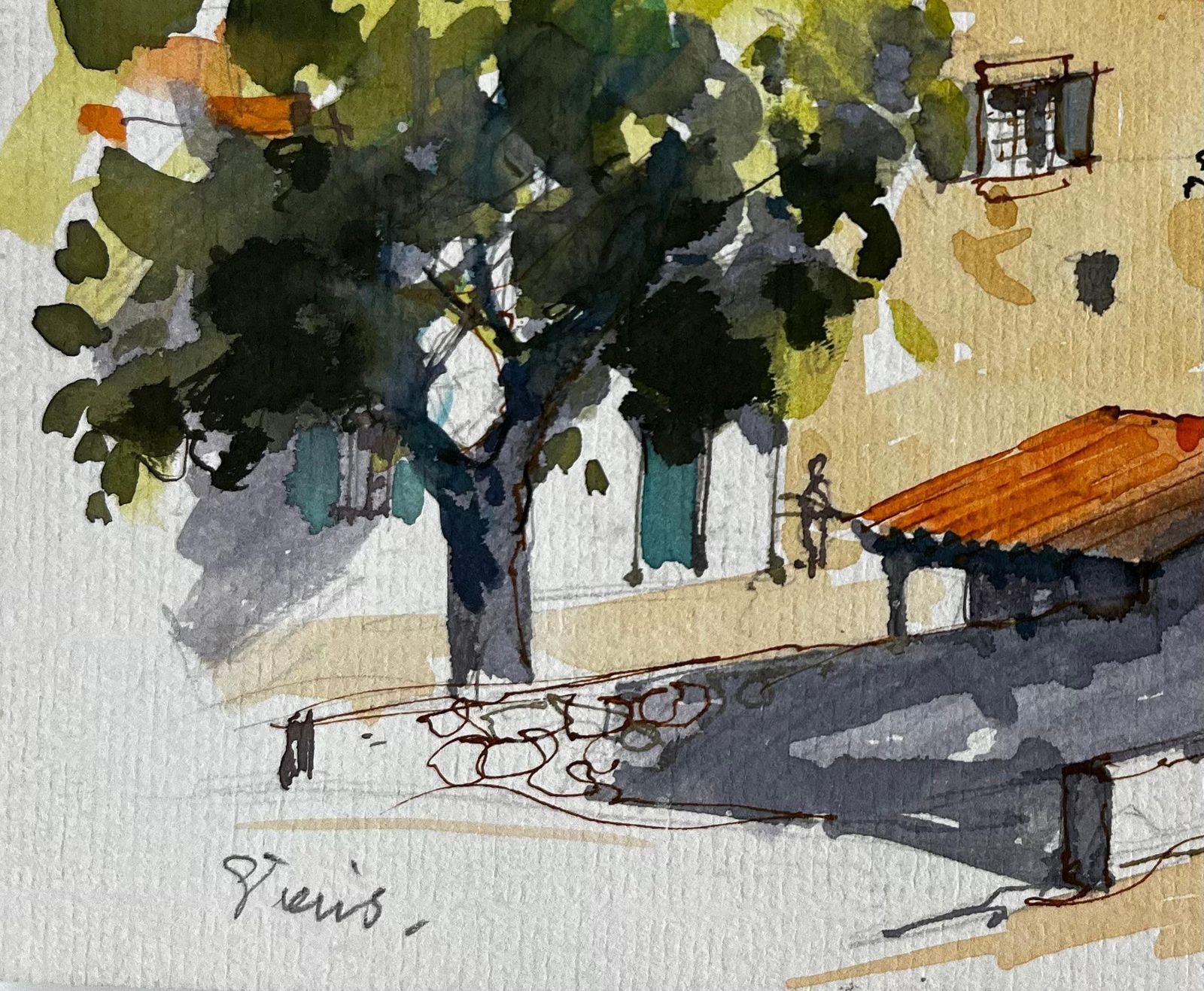 Pierre Neveuprovence Village Square With Bell Tower And Figures French Watercolour Painting photo vinterior