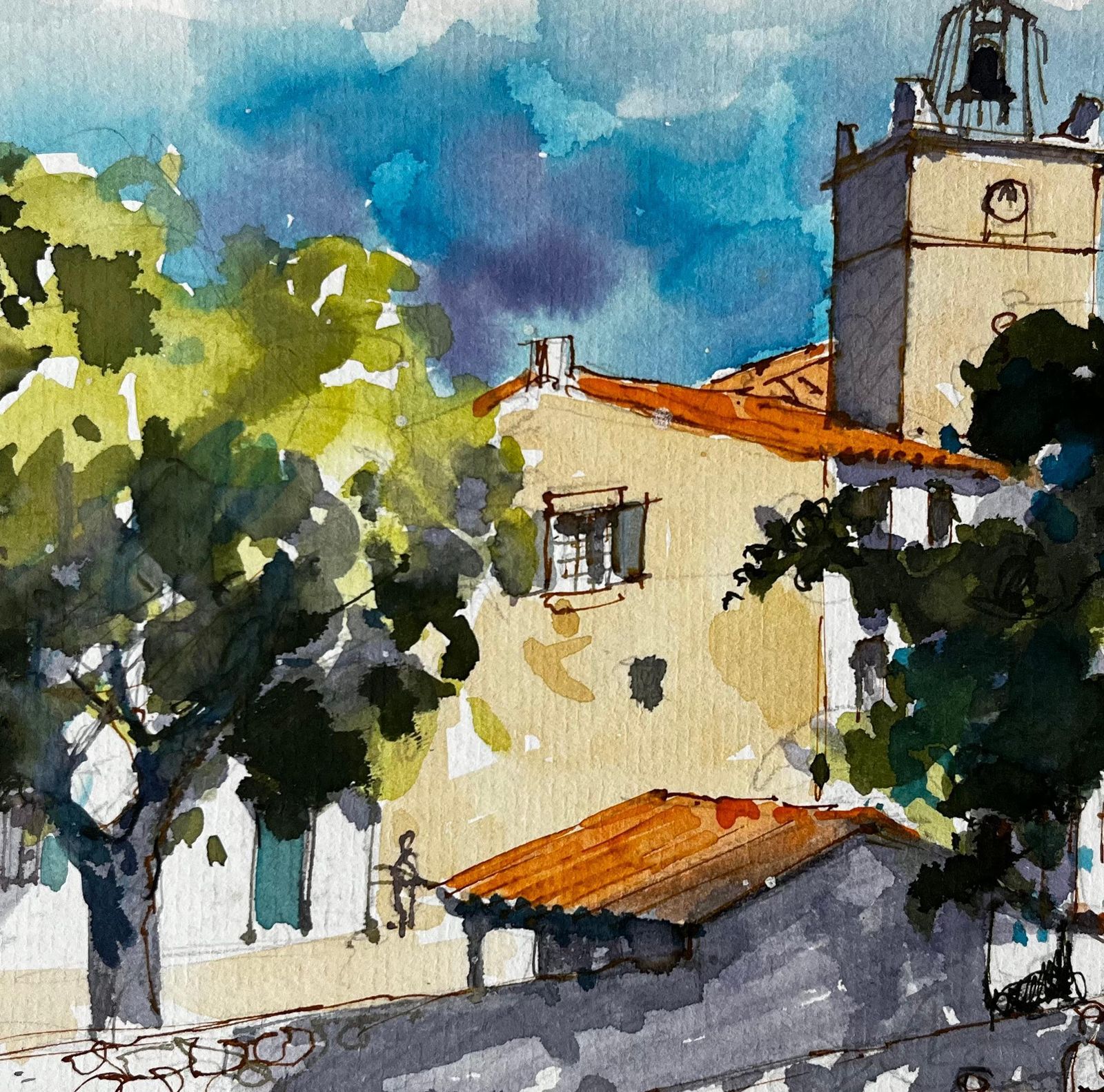 Pierre Neveuprovence Village Square With Bell Tower And Figures French Watercolour Painting photo buy