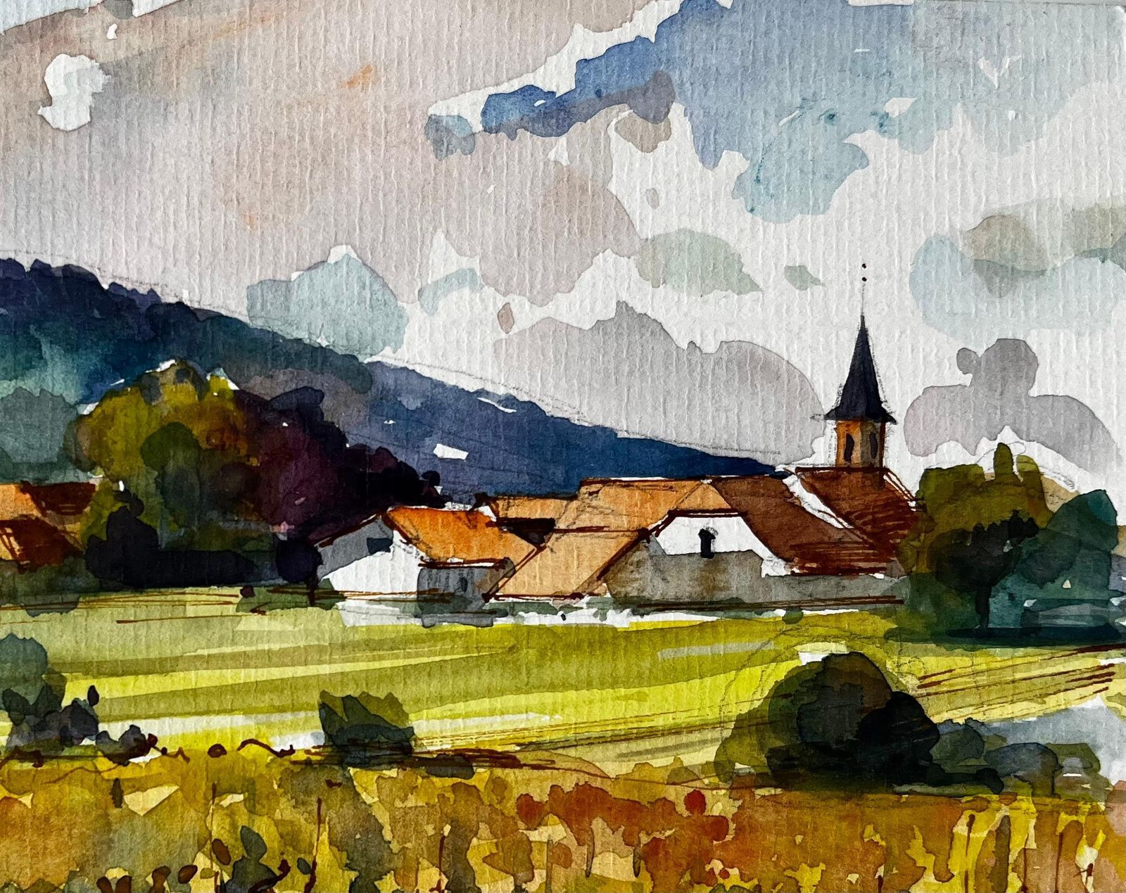 Pierre Neveumittelbergheim Vineyard And Village Landscape Alsace French Watercolour photo for sale