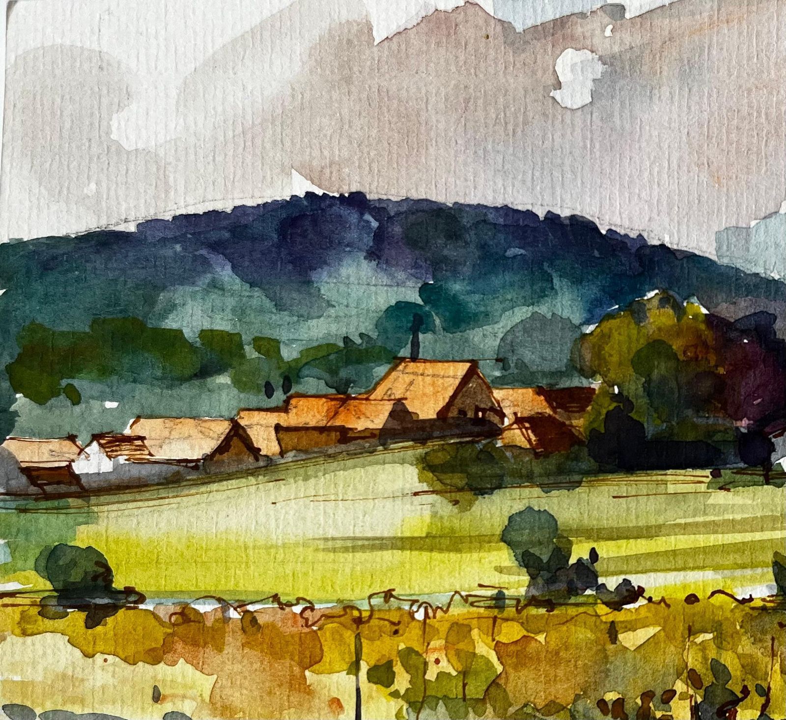Pierre Neveumittelbergheim Vineyard And Village Landscape Alsace French Watercolour photo Art