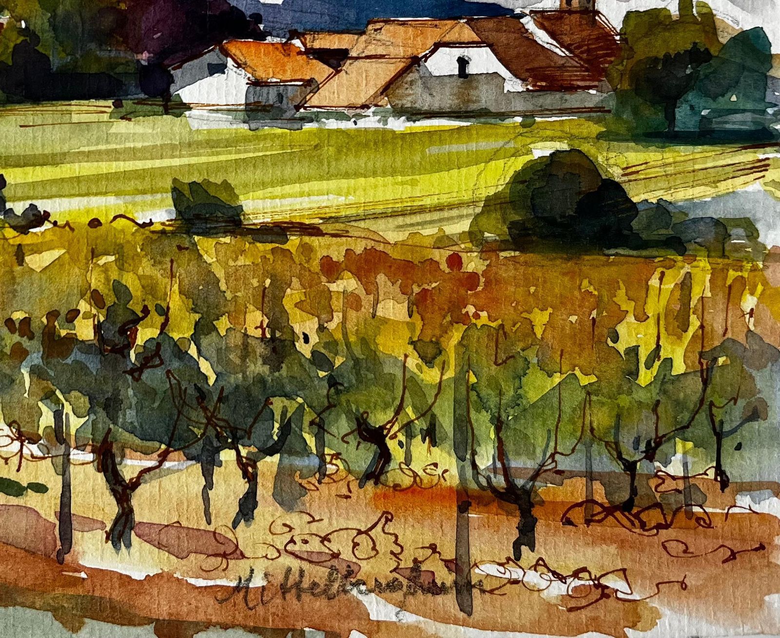 Pierre Neveumittelbergheim Vineyard And Village Landscape Alsace French Watercolour photo 575.0