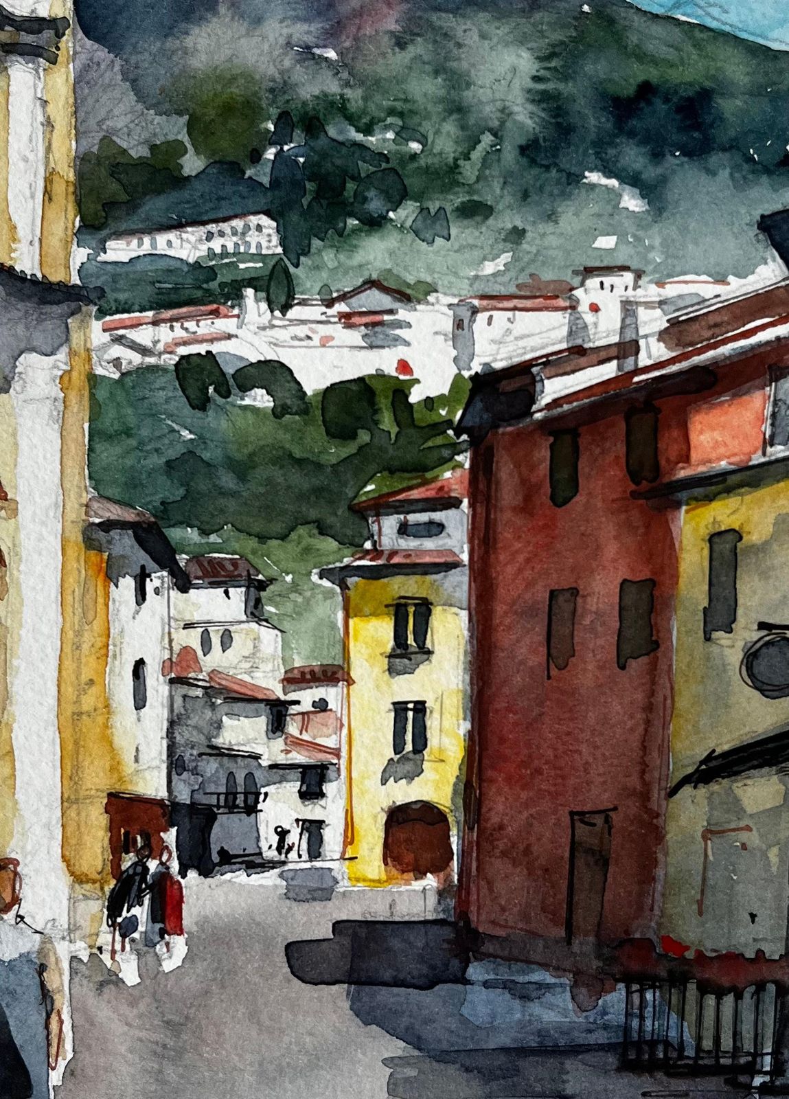 Pierre Neveuitalian Hilltown Street Scene With Church Tower And Mountain View Watercolour photo buy
