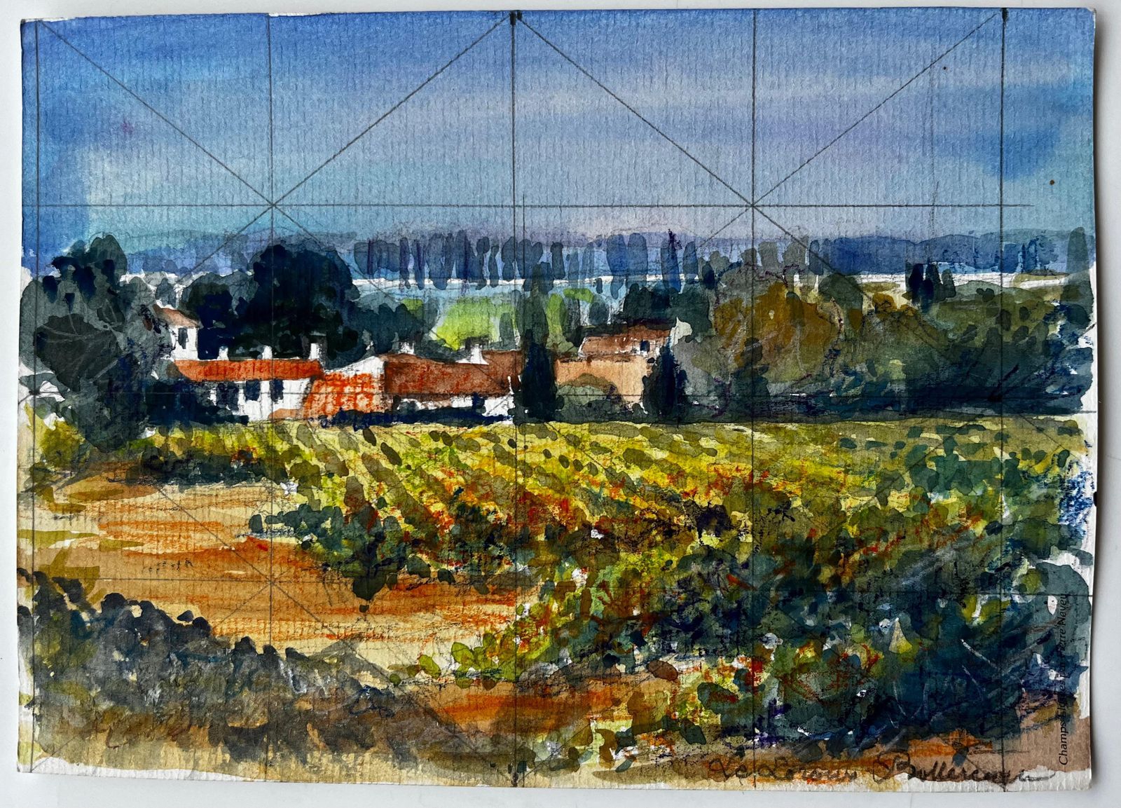Pierre Neveuvaucluse Vineyard Landscape With Terracotta Farmhouses French Watercolour photo furniture