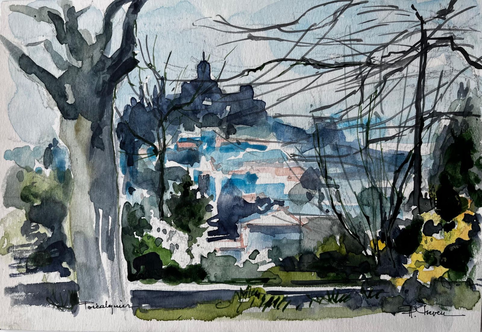 Pierre Neveuforcalquier Landscape With Trees And Distant Hilltop Village French Watercolour